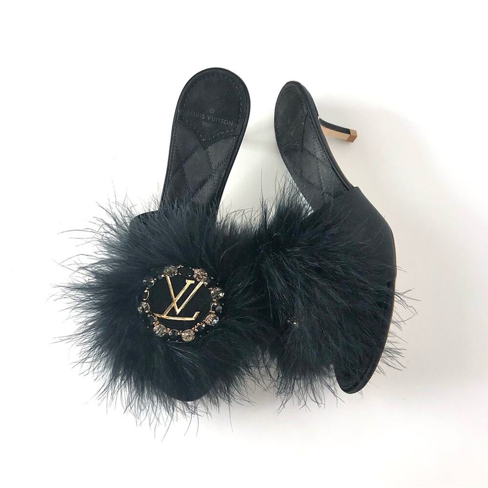 NEW Louis Vuitton Marabou Crystal LV Marilyn Kitten Heel Mule Slip On Sandals 36 - Picture 1 of 7